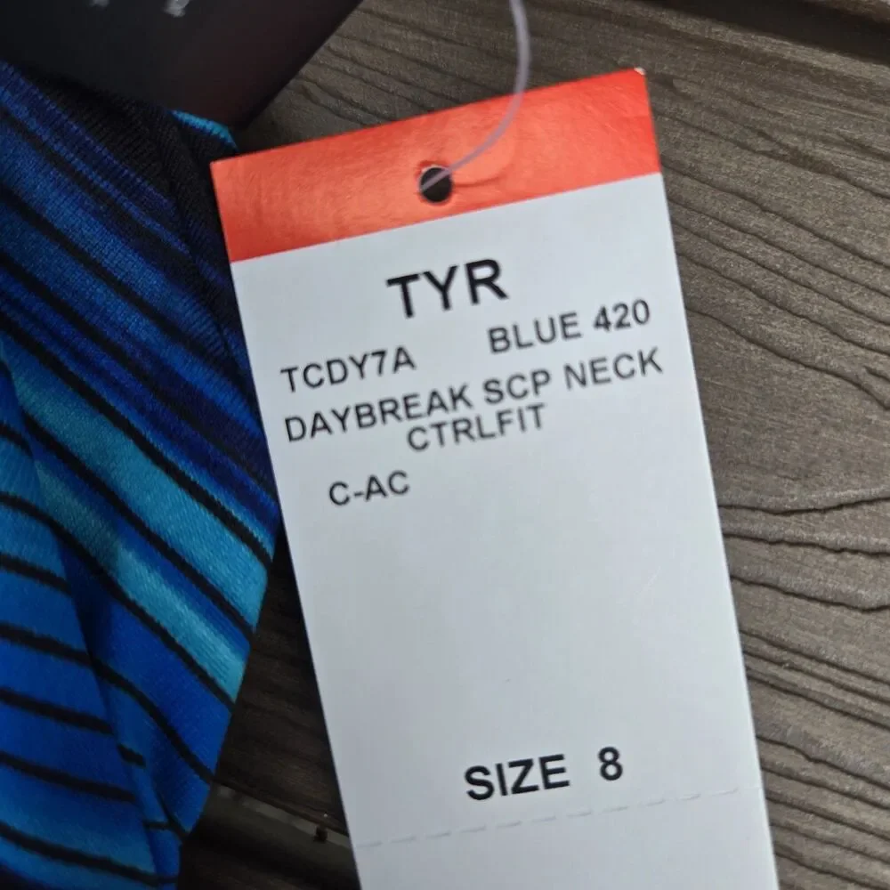 TYR Durafast Daybreak Scoop Neck Blue Controlfit 1 Piece Bathing Suit Sz 8 New